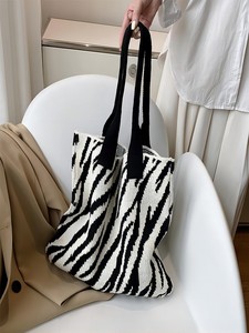 Korean Style Zebra <b>Pattern</b> <b>Knitted</b> Tote Bag <b>For</b> Women Spring Summer Large Capacity Fashion Single Shoulder Underarm Handbag - Product Image 1