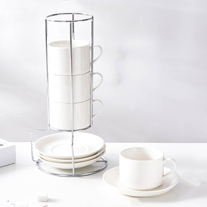 Juego de 4 Tazas de Café de Cerámica Personalizadas con Soporte Metálico, Tazas y Platillos Apilables para Espresso - Product Image 2