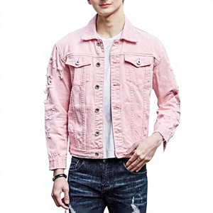 Men's Pink Denim Jacket Casual Button Front Solid Color Ripped Washed Regular Fit Breathable Windproof Eco-Friendly Spring - Product Image 1