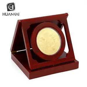 custom metal souvenir gift luxury shiny gold plating coin with wood box