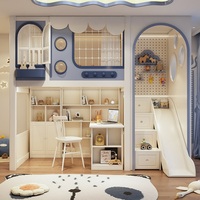 Lit mezzanine multifonctionnel JS moderne en bois massif, confortable et écologique pour enfants, avec bureau, toboggan, rangement gain de place et escalier-armoire