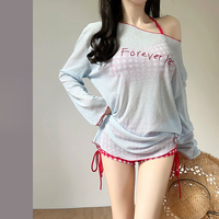 Set Baju Renang 3 Potong Motif Pantai Musim Panas untuk Anak Perempuan, Gaun Cover-Up dengan Kerah Scoop, Tali Serut, Ruffle, Bahan Bernapas Cepat Kering, Ukuran Besar