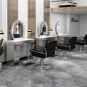 Hair Salon Double-sided <b>Mirror</b> with Lamp & Cabinet Stainless Steel Hot Dyeing <b>Mirror</b> <b>Table</b> Internet Famous Salon Furniture - Product Image 5