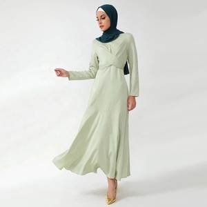 Tùy Chỉnh Chất Lượng Cao Sage Màu Xanh Lá Cây Chéo Satin Phụ Nữ Dài Tay Áo Maxi Vòng Cổ Áo Rắn Màu Hồi Giáo Ăn Mặc - Product Image 1