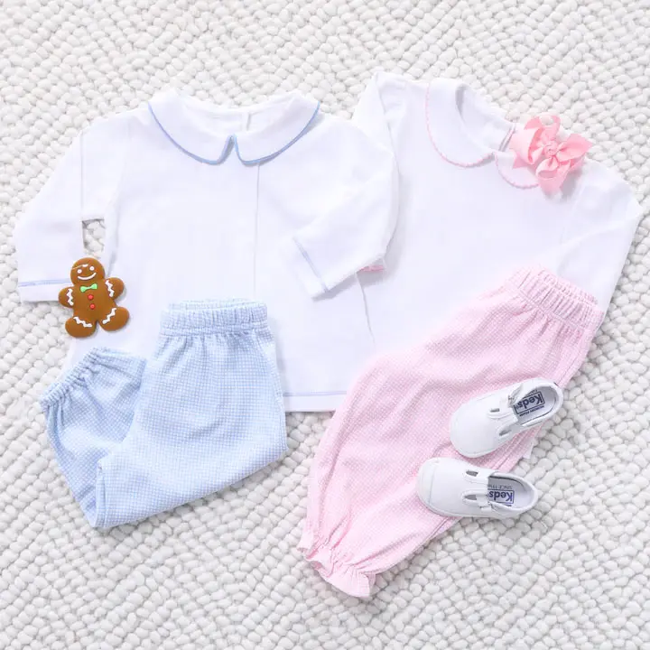 Set blus putih lengan panjang untuk anak, set pakaian butik celana panjang musim semi 2024 untuk anak bayi laki-laki dan perempuan