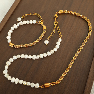Freshwater Pearl Braided Necklace And Bracelet <b>Set</b> Women's Elegant Jewelry Everyday Wear Gold Chain Pearl <b>Beads</b> - Product Image 1