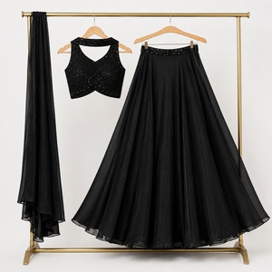 Conjunto de Lehenga Choli Negro Bordado para Mujer con Dupatta, Traje Tradicional Festivo para Bodas y Recepciones - Product Image 5