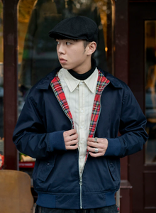 Chaqueta Bomber Harrington para Hombre Talla Grande, Azul Marino con Forro Tartán, Cierre de Cremallera, Ropa Exterior Informal para Otoño e Invierno - Product Image 4