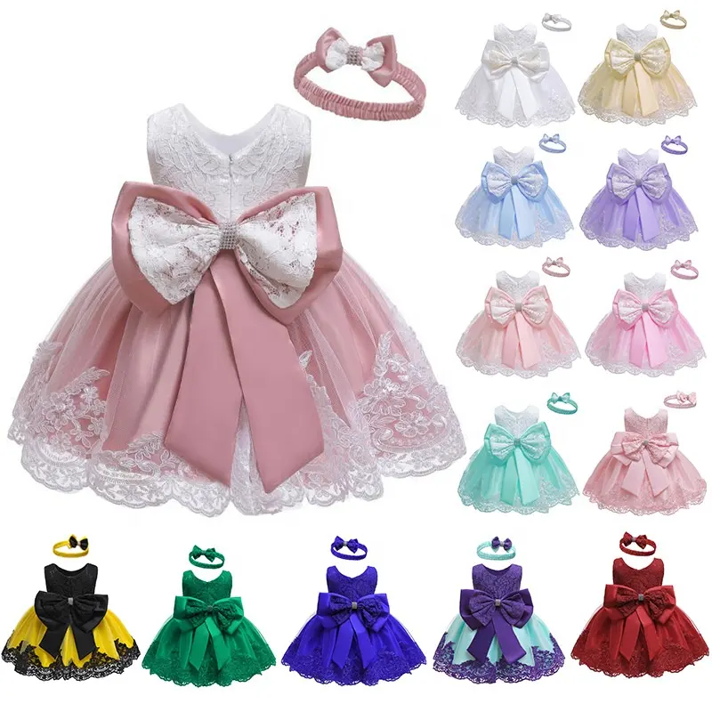 Детское платье принцессы без рукавов с бантом, кружевная одежда для дня рождения для детей, платья для девочек-цветочниц с большим поясом, оптовая продажа
