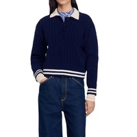 Pull-over en tricot jacquard épais 100 % coton pour femme, motif torsadé en relief, avec rayures contrastées, style preppy, idéal pour club de tennis - Vente en gros personnalisée