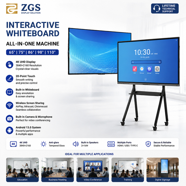 ZGS Energy Saving Interactive Whiteboard 4K Display with Easy Wall Mount Mobile Stand for Conference Room Classroom Setup