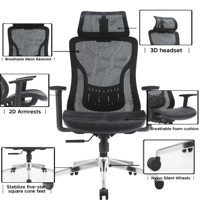 Fauteuil de bureau exécutif moderne en maille réglable, inclinable, dossier haut, design ergonomique, appui-tête 3D réglable, pour bureau à domicile