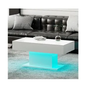 モダンラグジュアリーMDFOEM高光沢白色LEDライトテーブルコーヒーテーブルウッドリビングルーム家具セット