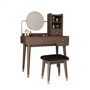 2-teiliges minimalistisches Make-Up-Set in Walnuss mit Spiegel und Hocker