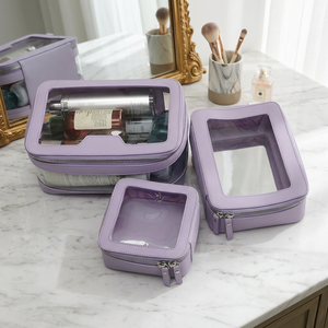 Ensemble de trousses de toilette en cuir PU, petite, moyenne et grande, avec fermeture éclair, fenêtre transparente, multifonction, organiseur de voyage - Product Image 3