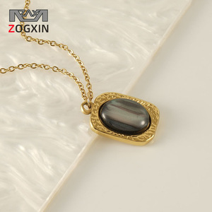 Natural Tiger's Eye Pendant Necklace 18K Plated Gold Chain Square Shape For Women Business Gift Fashion Jewelry - Product Image 2