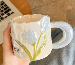 Frauen niedlichen 380ml Tulpe Keramik becher handgemachte Geschenk 3D Blumen becher für Lehrer tag & Geburtstag für Camping - Product Image 6