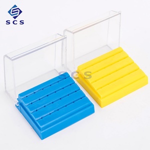 Custodia in plastica di colore giallo blu per trapani per disinfezione dentale in carburo porta frese - Product Image 1