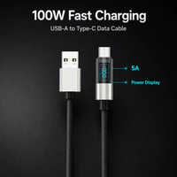 Câble USB-A vers Type-C en silicone Justlink 100W avec affichage de puissance, tête transparente, charge rapide et transfert de données pour téléphone et tablette