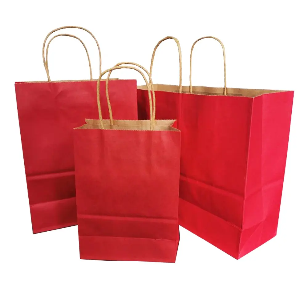 Bolsas de papel artesanales Rojas personalizadas, bolsas de papel Kraft de colores con asas hechas de materiales reciclados, función de impresión offset