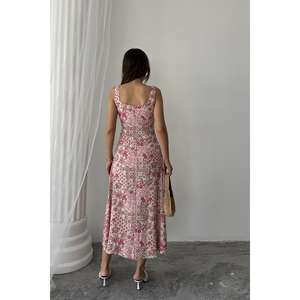 Robe en viscose rose à motifs floraux, col carré, coupe évasée, taille naturelle, respirante, pour un usage quotidien, robe décontractée - Product Image 1