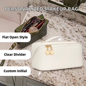 Valentine Gift Makeup Organizer for Women, Personalized Travel Cosmetic <b>Bag</b> with Handle, Open Flat Custom Color - Product Image 2