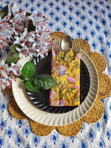 Indian Handmade Beautiful Floral Printed Lightweight Durable Elegant Machine Washable Cotton Cloth Napkins Mustard Yellow Mix - Product Image 3