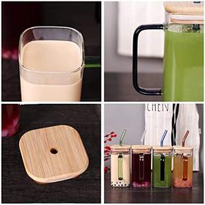 12oz Wide Mouth <b>Glass</b> <b>Mason</b> <b>Jar</b> Drinking <b>Glasses</b> Tea Cups Saucers Bamboo Lids Straws Square Color Handle Square Color Handle Cup - Product Image 3