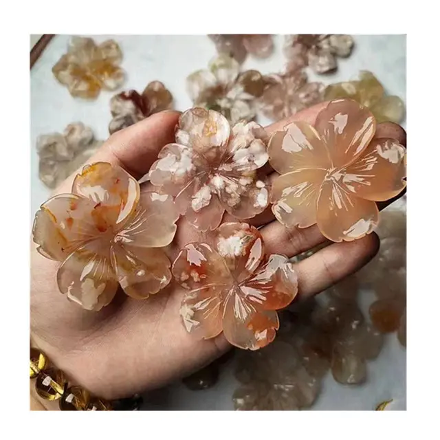 New arrivals quartz crystal folk crafts hand carving flower cherry blossom agate for feng shui decoration