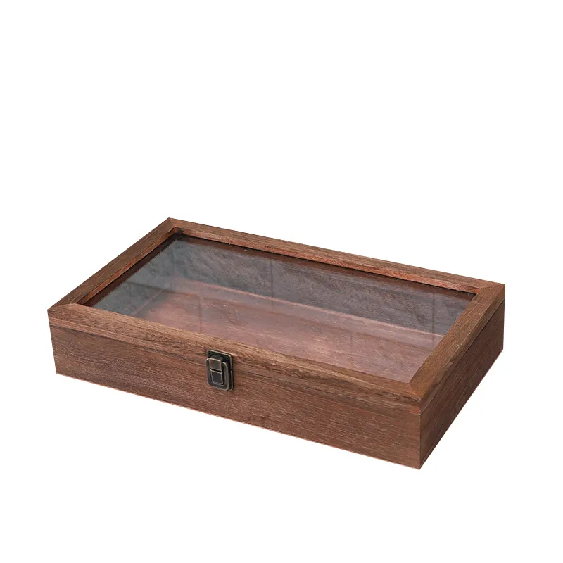 लकड़ी के गहने बॉक्स संग्रहणीय के लिए लकड़ी के प्रदर्शन के मामले होम संगठन बॉक्स धातु अकवार के साथ और टेम्पर्ड ग्लास शीर्ष ढक्कन