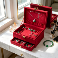 Grande boîte à bijoux carrée de luxe en velours avec serrure, étui de rangement multi-niveaux pour collier, bague, boucles d'oreilles, bracelet