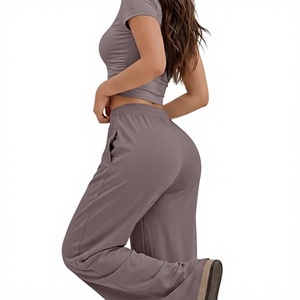 Women Gray <b>Short</b> Sleeve O-Neck T-Shirt With Drawstring Pants <b>Set</b> Solid Color Breathable Casual Wear All Seasons - Product Image 2