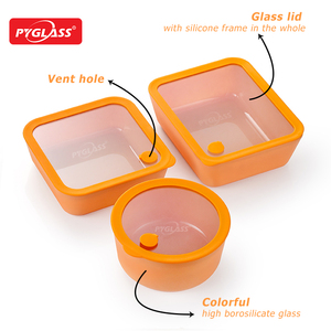 Juego de tres piezas PYGLASS de contenedor recubierto de cerámica de vidrio de color con borde recto y tapa de vidrio con orificio de aire - Product Image 3