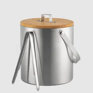 Creation Factory Direct 1.3L Metal Champagne Customized Double Wall Stainless Steel Ice Buckets with Wood Lid