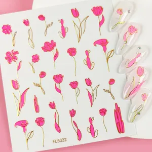 Adesivi per decalcomanie per unghie rosa all'ingrosso adesivi per unghie a forma di tulipano per ragazze adesivi per unghie a cuore rosa