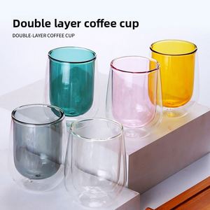 Tasse en verre à double paroi colorée, tasse à lait pour le petit-déjeuner, tasse à double couche isolante, élégante et petite - Product Image 5
