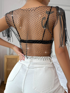 Top Corto Sexy da Donna con Scollo a V, Decorazione con Strass, <span class=keywords><strong>Frange</strong></span> di Cristallo Scintillanti, Camicia a Rete con Diamanti - Product Image 4