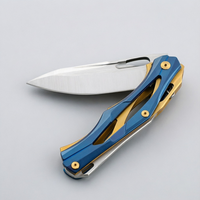 Cuchillo Plegable de Acero D2 Premium con Hoja Esqueletizada y Mango de Acero Inoxidable, Bicolor Azul y Dorado, 230mm 242g, DIY OEM, Punta de Gota