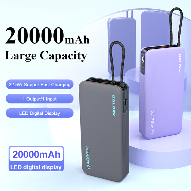 BOLOMI High Capacity 20000mAh PD 22.5W Fast Charge Portable Power Bank with LED Digital Display Built-in Cable & Textured Design