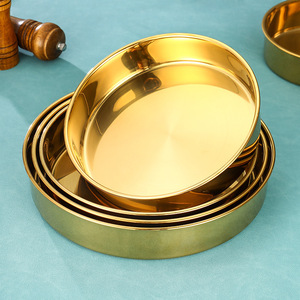 Stainless Steel Gold Plated Round Serving Tray Large Deep Dish Hotel Food Service Tableware Durable Solid Color - Product Image 3