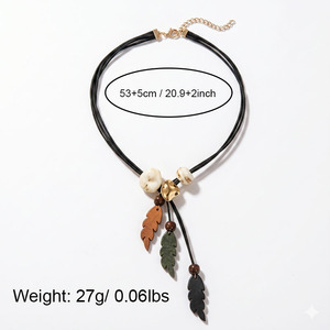 Double Black Leather Cord Necklace Multi Color Wooden Leaf Tassel Pendant White Irregular Beads Women Boho Vacation Neck Jewelry - Product Image 3