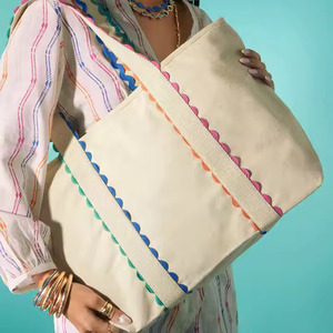 Custom Monogram <strong>Large</strong> Shoulder <strong>Large</strong> <strong>Beach</strong> <strong>Bag</strong> Canvas Rainbow Stripe Handle <strong>Large</strong> Tote Scallop Edge Tote <strong>Bags</strong> - Product Image 2