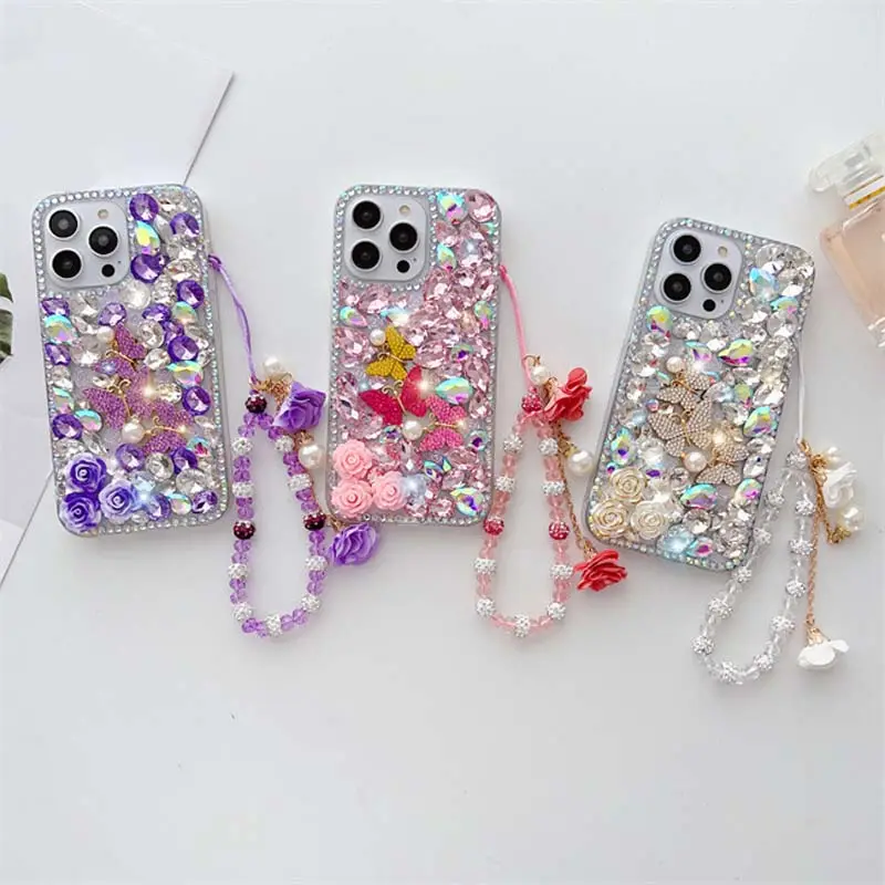 Full Screen Artificial Diamond Butterfly Bracelet Acrylic TPU Phone Cover Case For Iphone 7 8 X Xr Xs 11 12 13 14 15 Pro Max