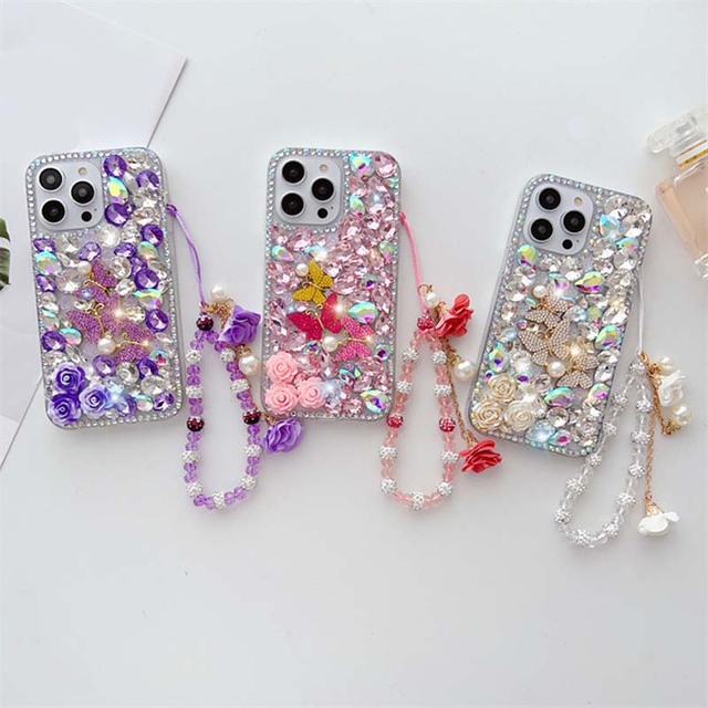 Full Screen Artificial Diamond Butterfly Bracelet Acrylic TPU Phone Cover Case for Iphone 7 8 X Xr Xs 11 12 13 14 15 16 Pro Max