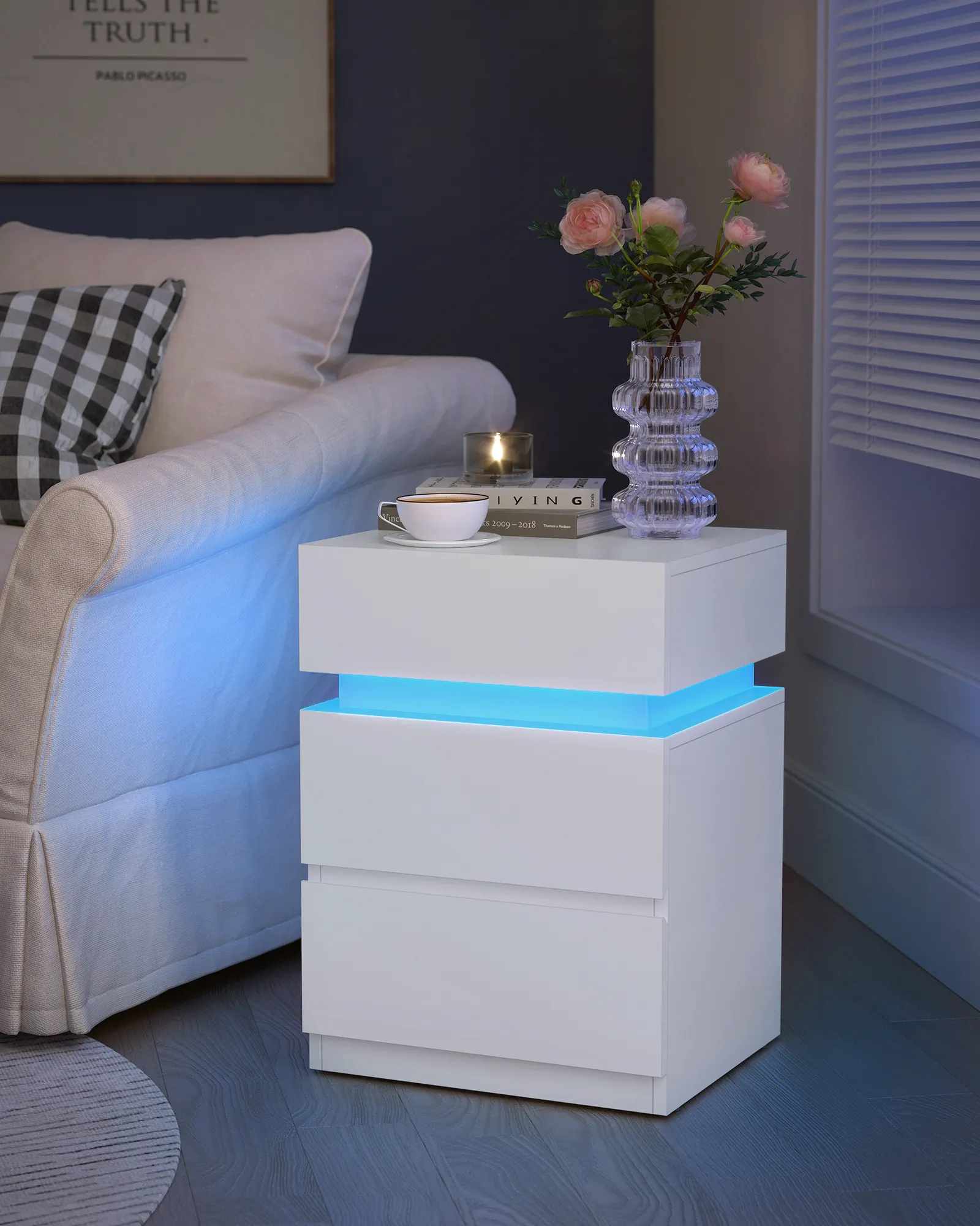 VASAGLE Smart Beside Table with LED Lights Modern Design End Table Nightstands with 3 storage drawers