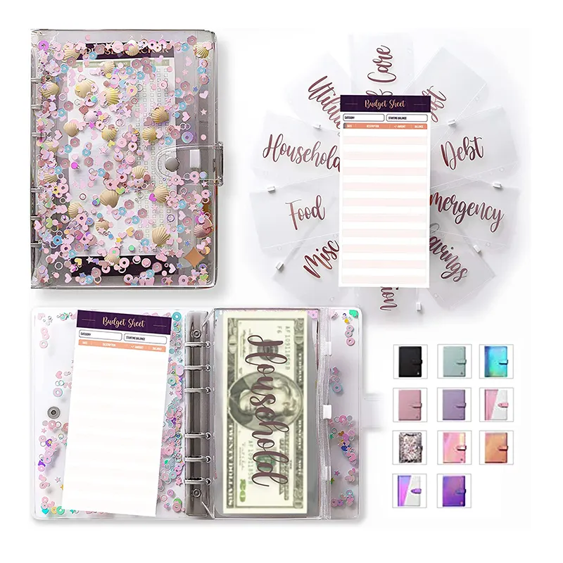 A6 Budget Binder Set Glitter PVC Cash Enveloppe Budget System Binder Planners Avec Dépenses Budget Feuilles Et Étiquette Autocollant