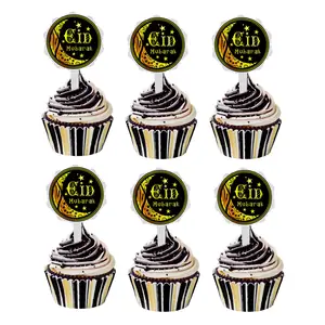 Wholesale cake toppers stickers-Nice 12Pcs Eid Mubarak Cake Toppers Ramadan Decoration Supplies Eid Cupcake Topper With Sticker