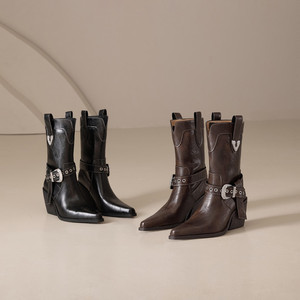 <span class=keywords><strong>Bottes</strong></span> de cow-boy occidentales pour femmes, bout pointu, talon bloc, boucle en métal, <span class=keywords><strong>mi</strong></span>-<span class=keywords><strong>mollet</strong></span>, couleur marron - Product Image 3