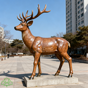 SENZHAO Life Size Fiberglass Deer Sculpture Wood Grain Finish Resin Elk <b>Statue</b> for Outdoor Park Plaza Commercial Landscape Decor - Product Image 2