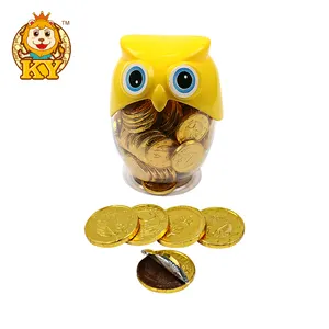 High quality cartoon plastic owl jar shape with chocolate golden coin candy